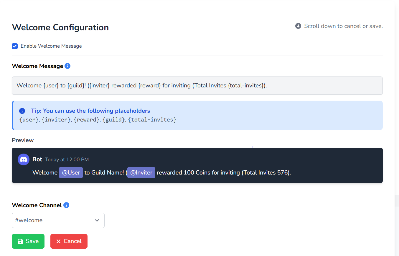 Welcome Message Config Example